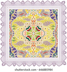 Decorative abstract colorful background, geometric floral doodle pattern with ornate lace frame. Tribal ethnic ornament. Bandanna shawl, tablecloth fabric print, silk neck scarf, kerchief design