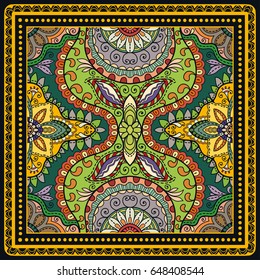 Decorative abstract colorful background, geometric floral doodle pattern with ornate lace frame. Tribal ethnic ornament. Bandanna shawl, tablecloth fabric print, silk neck scarf, kerchief design