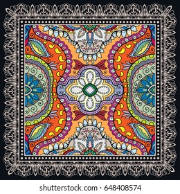 Decorative abstract colorful background, geometric floral doodle pattern with ornate lace frame. Tribal ethnic ornament. Bandanna shawl, tablecloth fabric print, silk neck scarf, kerchief design