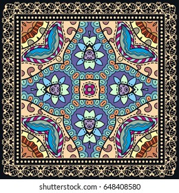 Decorative abstract colorful background, geometric floral doodle pattern with ornate lace frame. Tribal ethnic ornament. Bandanna shawl, tablecloth fabric print, silk neck scarf, kerchief design