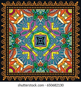 Decorative abstract colorful background, geometric floral doodle pattern with ornate lace frame. Tribal ethnic ornament. Bandanna shawl, tablecloth fabric print, silk neck scarf, kerchief design