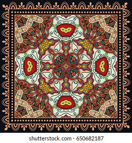 Decorative abstract colorful background, geometric floral doodle pattern with ornate lace frame. Tribal ethnic ornament. Bandanna shawl, tablecloth fabric print, silk neck scarf, kerchief design
