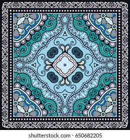 Decorative abstract colorful background, geometric floral doodle pattern with ornate lace frame. Tribal ethnic ornament. Bandanna shawl, tablecloth fabric print, silk neck scarf, kerchief design