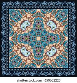 Decorative abstract colorful background, geometric floral doodle pattern with ornate lace frame. Tribal ethnic ornament. Bandanna shawl, tablecloth fabric print, silk neck scarf, kerchief design