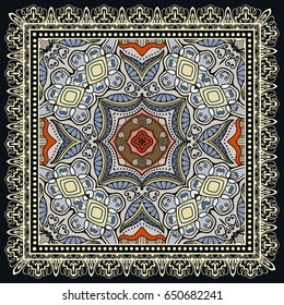 Decorative abstract colorful background, geometric floral doodle pattern with ornate lace frame. Tribal ethnic ornament. Bandanna shawl, tablecloth fabric print, silk neck scarf, kerchief design