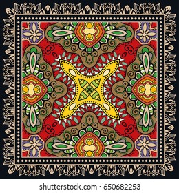 Decorative abstract colorful background, geometric floral doodle pattern with ornate lace frame. Tribal ethnic ornament. Bandanna shawl, tablecloth fabric print, silk neck scarf, kerchief design