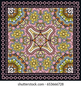 Decorative abstract colorful background, geometric floral doodle pattern with ornate lace frame. Tribal ethnic ornament. Bandanna shawl, tablecloth fabric print, silk neck scarf, kerchief design