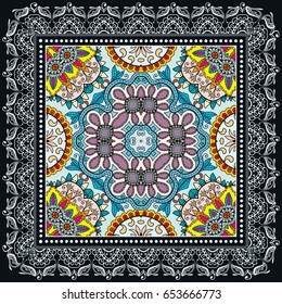 Decorative abstract colorful background, geometric floral doodle pattern with ornate lace frame. Tribal ethnic ornament. Bandanna shawl, tablecloth fabric print, silk neck scarf, kerchief design