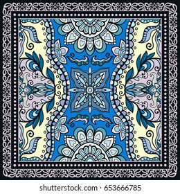 Decorative abstract colorful background, geometric floral doodle pattern with ornate lace frame. Tribal ethnic ornament. Bandanna shawl, tablecloth fabric print, silk neck scarf, kerchief design