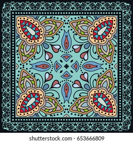 Decorative abstract colorful background, geometric floral doodle pattern with ornate lace frame. Tribal ethnic ornament. Bandanna shawl, tablecloth fabric print, silk neck scarf, kerchief design