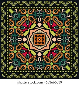 Decorative abstract colorful background, geometric floral doodle pattern with ornate lace frame. Tribal ethnic ornament. Bandanna shawl, tablecloth fabric print, silk neck scarf, kerchief design
