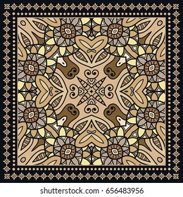 Decorative abstract colorful background, geometric floral doodle pattern with ornate lace frame. Tribal ethnic ornament. Bandanna shawl, tablecloth fabric print, silk neck scarf, kerchief design