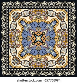 Decorative abstract colorful background, geometric floral doodle pattern with ornate lace frame. Tribal ethnic ornament. Bandanna shawl, tablecloth fabric print, silk neck scarf, kerchief design