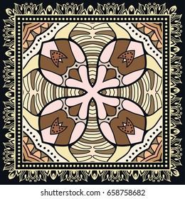 Decorative abstract colorful background, geometric floral doodle pattern with ornate lace frame. Tribal ethnic ornament. Bandanna shawl, tablecloth fabric print, silk neck scarf, kerchief design