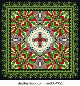 Decorative abstract colorful background, geometric floral doodle pattern with ornate lace frame. Tribal ethnic ornament. Bandanna shawl, tablecloth fabric print, silk neck scarf, kerchief design