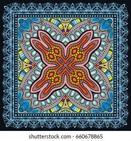 Decorative abstract colorful background, geometric floral doodle pattern with ornate lace frame. Tribal ethnic ornament. Bandanna shawl, tablecloth fabric print, silk neck scarf, kerchief design