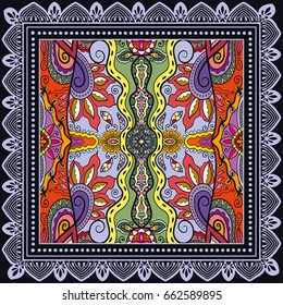 Decorative abstract colorful background, geometric floral doodle pattern with ornate lace frame. Tribal ethnic ornament. Bandanna shawl, tablecloth fabric print, silk neck scarf, kerchief design