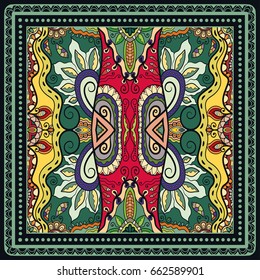 Decorative abstract colorful background, geometric floral doodle pattern with ornate lace frame. Tribal ethnic ornament. Bandanna shawl, tablecloth fabric print, silk neck scarf, kerchief design