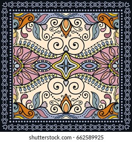 Decorative abstract colorful background, geometric floral doodle pattern with ornate lace frame. Tribal ethnic ornament. Bandanna shawl, tablecloth fabric print, silk neck scarf, kerchief design