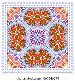 Decorative abstract colorful background, geometric floral doodle pattern with ornate lace frame. Tribal ethnic ornament. Bandanna shawl, tablecloth fabric print, silk neck scarf, kerchief design