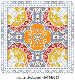 Decorative abstract colorful background, geometric floral doodle pattern with ornate lace frame. Tribal ethnic ornament. Bandanna shawl, tablecloth fabric print, silk neck scarf, kerchief design