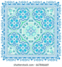 Decorative abstract colorful background, geometric floral doodle pattern with ornate lace frame. Tribal ethnic ornament. Bandanna shawl, tablecloth fabric print, silk neck scarf, kerchief design