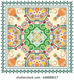 Decorative abstract colorful background, geometric floral doodle pattern with ornate lace frame. Tribal ethnic ornament. Bandanna shawl, tablecloth fabric print, silk neck scarf, kerchief design