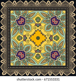 Decorative abstract colorful background, geometric floral doodle pattern with ornate lace frame. Tribal ethnic ornament. Bandanna shawl, tablecloth fabric print, silk neck scarf, kerchief design