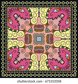 Decorative abstract colorful background, geometric floral doodle pattern with ornate lace frame. Tribal ethnic ornament. Bandanna shawl, tablecloth fabric print, silk neck scarf, kerchief design