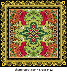 Decorative abstract colorful background, geometric floral doodle pattern with ornate lace frame. Tribal ethnic ornament. Bandanna shawl, tablecloth fabric print, silk neck scarf, kerchief design