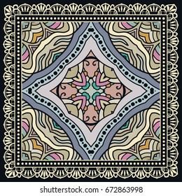Decorative abstract colorful background, geometric floral doodle pattern with ornate lace frame. Tribal ethnic ornament. Bandanna shawl, tablecloth fabric print, silk neck scarf, kerchief design