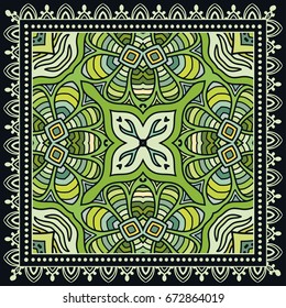 Decorative abstract colorful background, geometric floral doodle pattern with ornate lace frame. Tribal ethnic ornament. Bandanna shawl, tablecloth fabric print, silk neck scarf, kerchief design