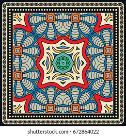 Decorative abstract colorful background, geometric floral doodle pattern with ornate lace frame. Tribal ethnic ornament. Bandanna shawl, tablecloth fabric print, silk neck scarf, kerchief design