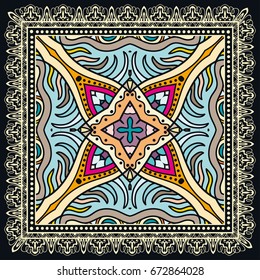 Decorative abstract colorful background, geometric floral doodle pattern with ornate lace frame. Tribal ethnic ornament. Bandanna shawl, tablecloth fabric print, silk neck scarf, kerchief design