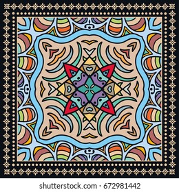 Decorative abstract colorful background, geometric floral doodle pattern with ornate lace frame. Tribal ethnic ornament. Bandanna shawl, tablecloth fabric print, silk neck scarf, kerchief design