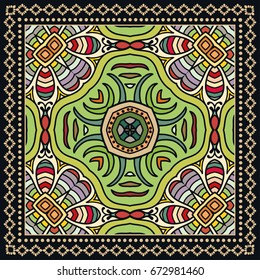 Decorative abstract colorful background, geometric floral doodle pattern with ornate lace frame. Tribal ethnic ornament. Bandanna shawl, tablecloth fabric print, silk neck scarf, kerchief design