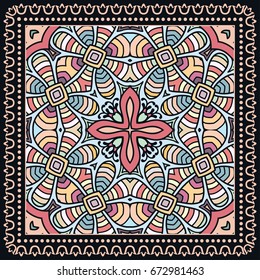 Decorative abstract colorful background, geometric floral doodle pattern with ornate lace frame. Tribal ethnic ornament. Bandanna shawl, tablecloth fabric print, silk neck scarf, kerchief design