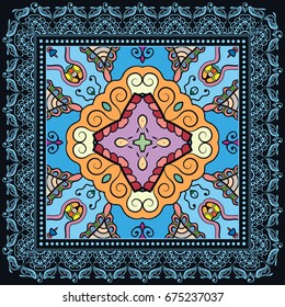Decorative abstract colorful background, geometric floral doodle pattern with ornate lace frame. Tribal ethnic ornament. Bandanna shawl, tablecloth fabric print, silk neck scarf, kerchief design