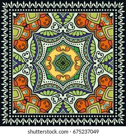 Decorative abstract colorful background, geometric floral doodle pattern with ornate lace frame. Tribal ethnic ornament. Bandanna shawl, tablecloth fabric print, silk neck scarf, kerchief design