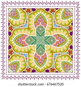 Decorative abstract colorful background, geometric floral doodle pattern with ornate lace frame. Tribal ethnic ornament. Bandanna shawl, tablecloth fabric print, silk neck scarf, kerchief design