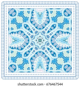 Decorative abstract colorful background, geometric floral doodle pattern with ornate lace frame. Tribal ethnic ornament. Bandanna shawl, tablecloth fabric print, silk neck scarf, kerchief design