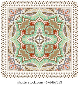 Decorative abstract colorful background, geometric floral doodle pattern with ornate lace frame. Tribal ethnic ornament. Bandanna shawl, tablecloth fabric print, silk neck scarf, kerchief design