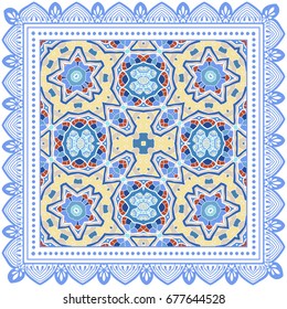 Decorative abstract colorful background, geometric floral doodle pattern with ornate lace frame. Tribal ethnic ornament. Bandanna shawl, tablecloth fabric print, silk neck scarf, kerchief design