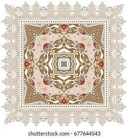 Decorative abstract colorful background, geometric floral doodle pattern with ornate lace frame. Tribal ethnic ornament. Bandanna shawl, tablecloth fabric print, silk neck scarf, kerchief design