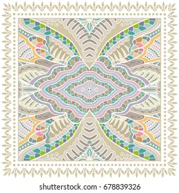 Decorative abstract colorful background, geometric floral doodle pattern with ornate lace frame. Tribal ethnic ornament. Bandanna shawl, tablecloth fabric print, silk neck scarf, kerchief design