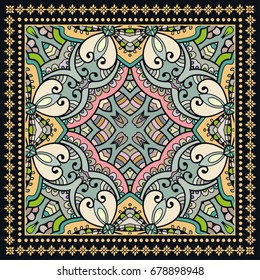 Decorative abstract colorful background, geometric floral doodle pattern with ornate lace frame. Tribal ethnic ornament. Bandanna shawl, tablecloth fabric print, silk neck scarf, kerchief design