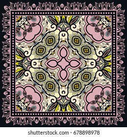 Decorative abstract colorful background, geometric floral doodle pattern with ornate lace frame. Tribal ethnic ornament. Bandanna shawl, tablecloth fabric print, silk neck scarf, kerchief design