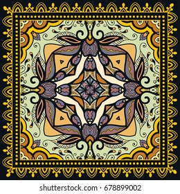 Decorative abstract colorful background, geometric floral doodle pattern with ornate lace frame. Tribal ethnic ornament. Bandanna shawl, tablecloth fabric print, silk neck scarf, kerchief design