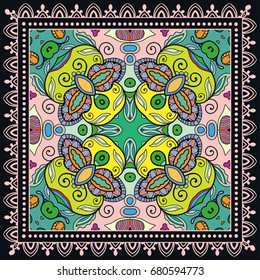 Decorative abstract colorful background, geometric floral doodle pattern with ornate lace frame. Tribal ethnic ornament. Bandanna shawl, tablecloth fabric print, silk neck scarf, kerchief design