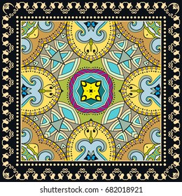 Decorative abstract colorful background, geometric floral doodle pattern with ornate lace frame. Tribal ethnic ornament. Bandanna shawl, tablecloth fabric print, silk neck scarf, kerchief design